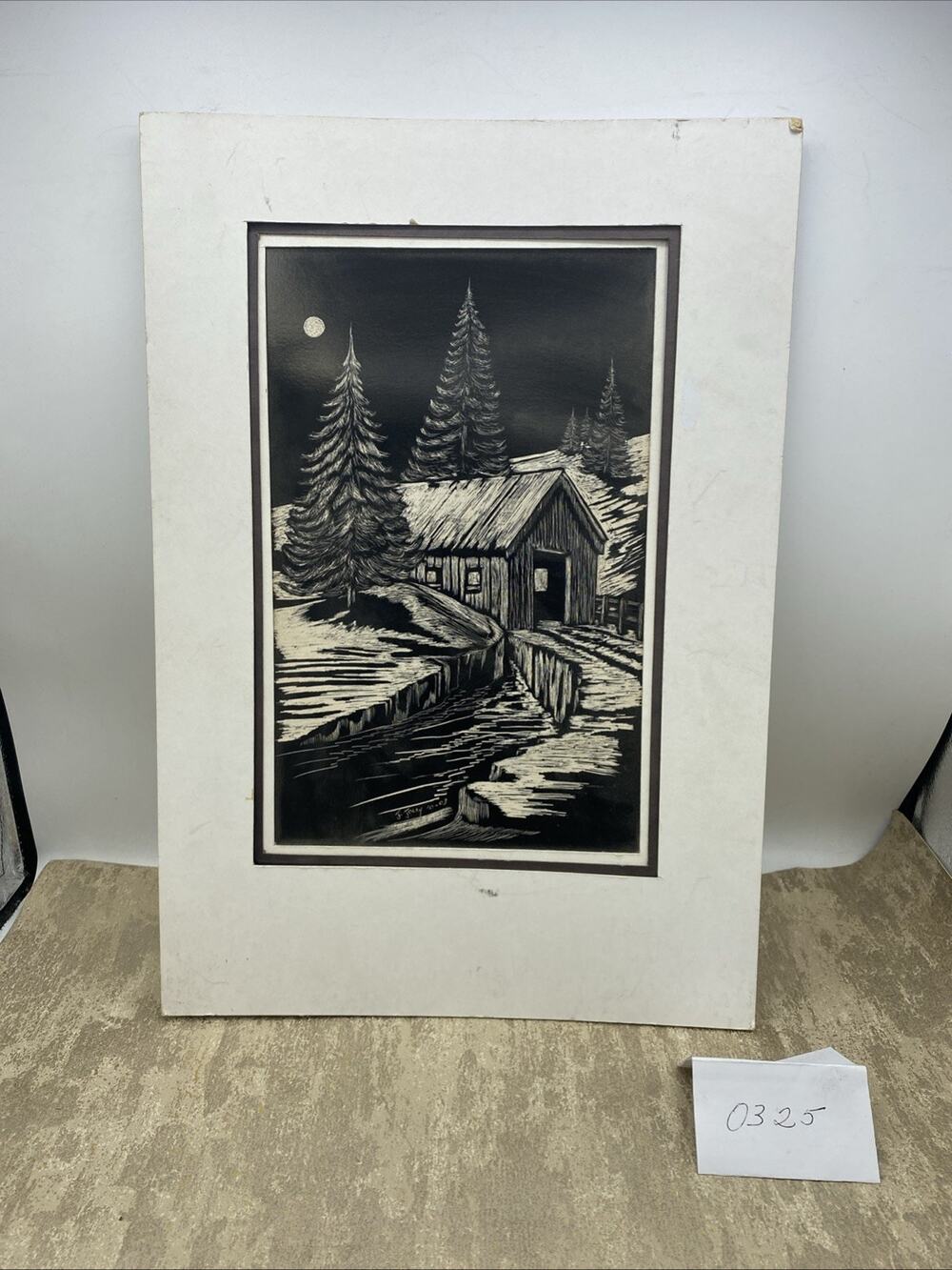 ORIGINAL Signed And Dated by Artist Scratchboard Art - Winter Scene 11x16”